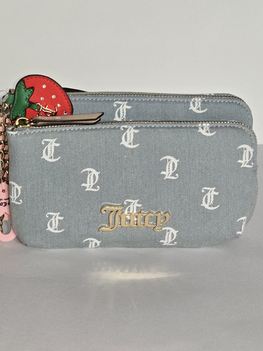 Juicy Couture Light Blue Denim Double Zip Pouch with Strawberry Charm